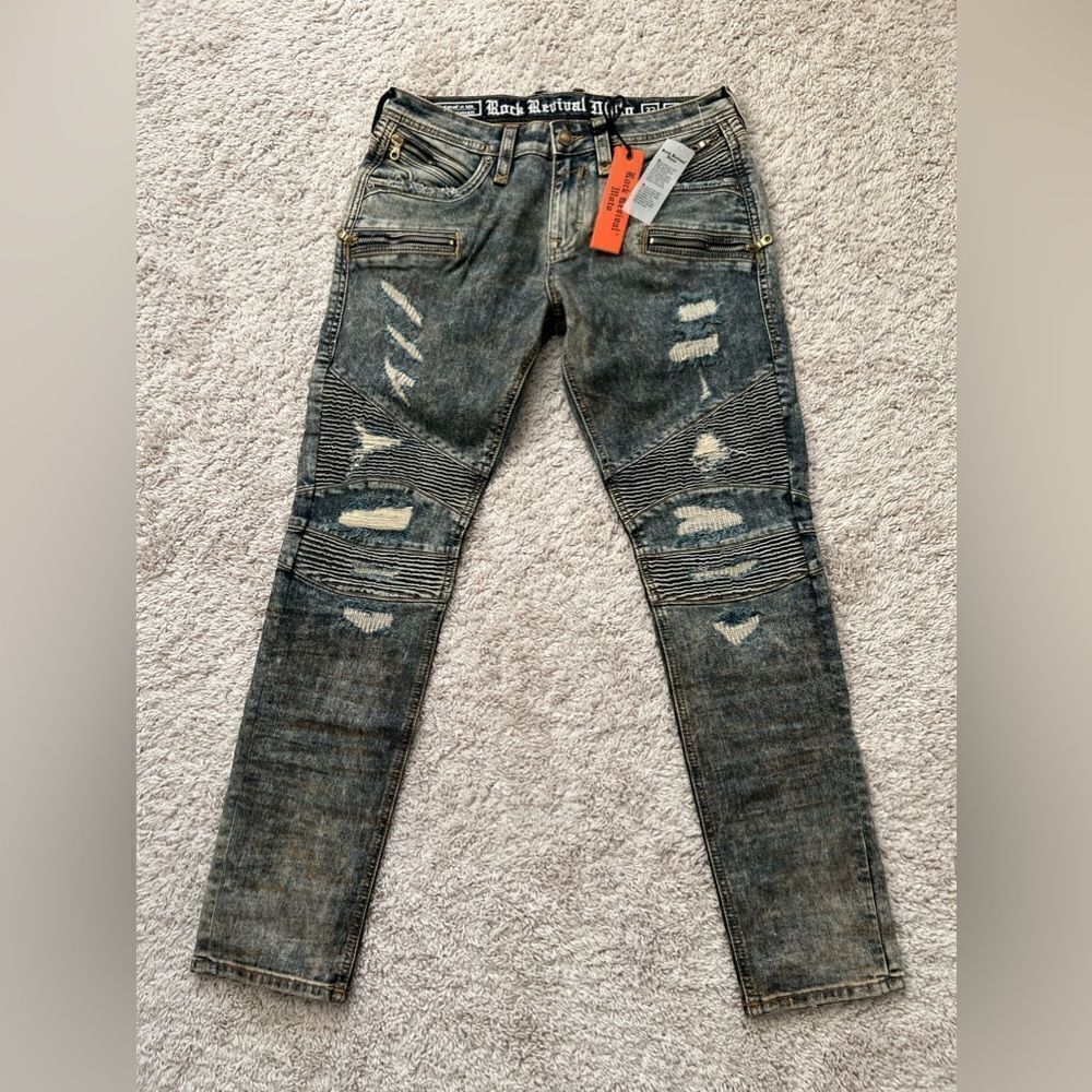 Rock Revival Moto Biker Distressed Tapered Leg Jeans “Elliot”